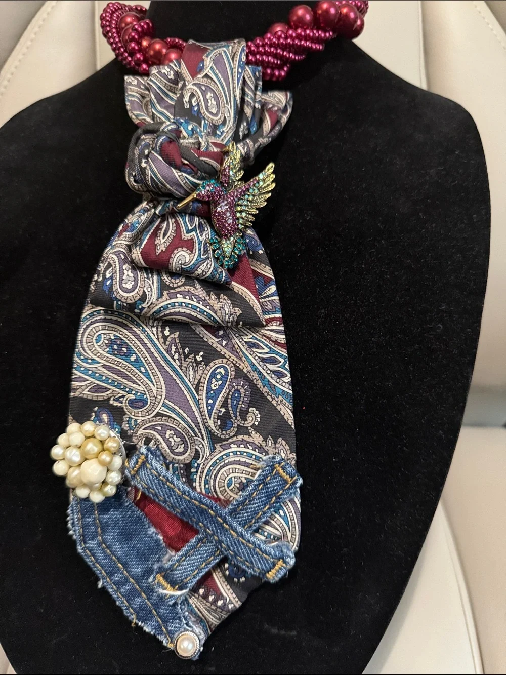 Women’s Burgundy Beaded Scarf Necklace with Paisley Accent